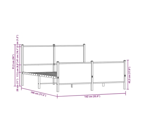 Cama con cabecero y pie de cama metal roble ahumado 137x190 cm
