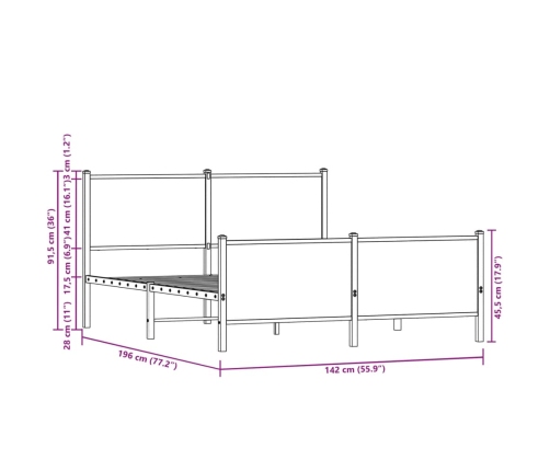 Estructura de cama sin colchón metal marrón roble 137x190 cm