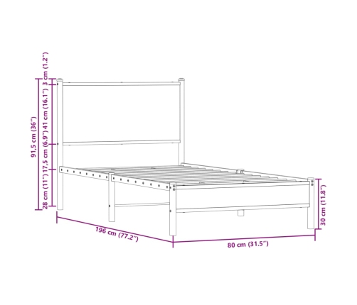 Estructura de cama sin colchón metal roble ahumado 75x190 cm