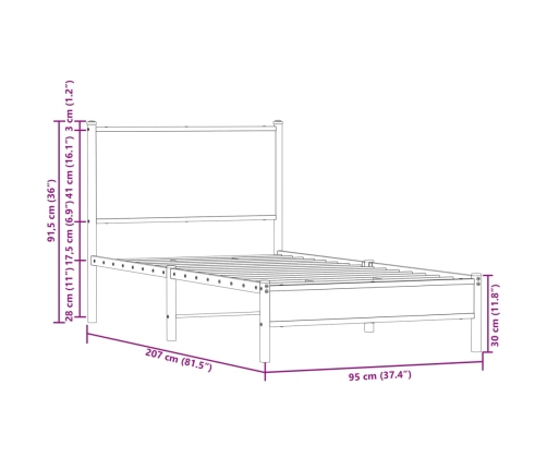 Estructura de cama sin colchón metal roble ahumado 90x200 cm