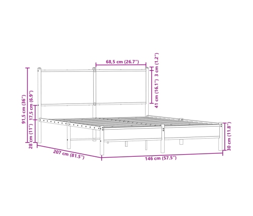 Estructura de cama con cabecero metal roble ahumado 140x200 cm