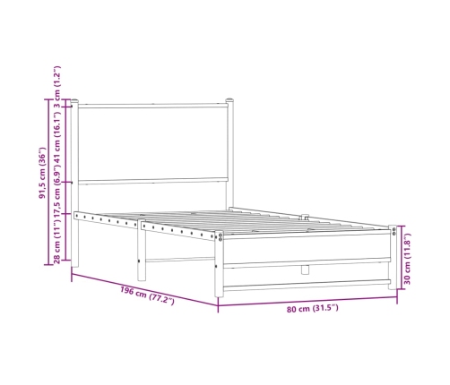 Estructura de cama sin colchón metal roble ahumado 75x190 cm