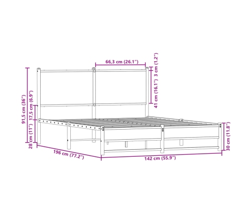 Estructura de cama sin colchón metal roble ahumado 137x190 cm