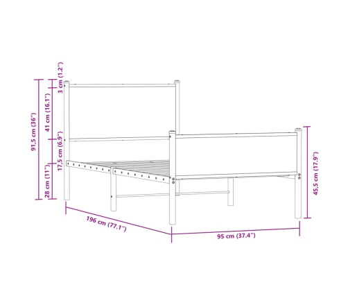 Cama con cabecero y pie de cama metal roble Sonoma 90x190 cm