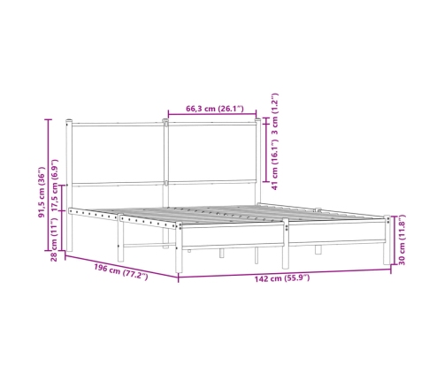 Estructura de cama con cabecero metal marrón roble 137x190 cm