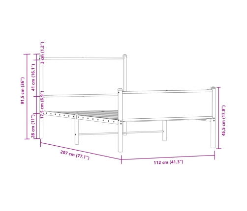 Cama con cabecero y pie de cama metal marrón roble 107x203 cm