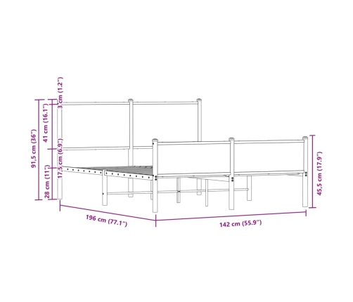 vidaXL Cama con cabecero y pie de cama metal marrón roble 137x190 cm