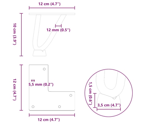 Patas de mesa tipo horquilla 4 unidades acero macizo negro 10cm