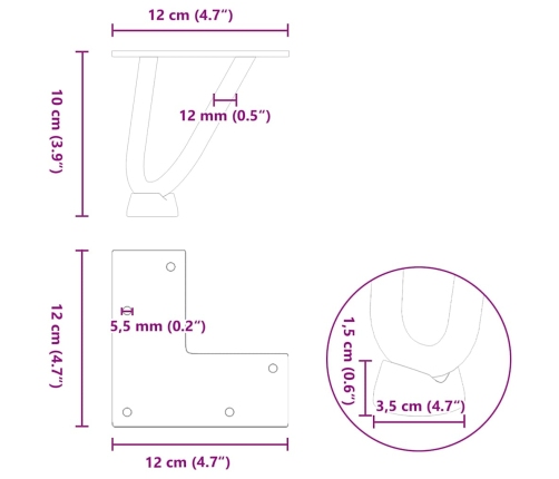 Patas mesa tipo horquilla 4uds acero macizo acero natural 10cm