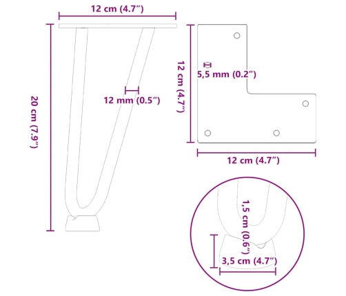 Patas mesa tipo horquilla 4 uds acero macizo acero natural 20cm