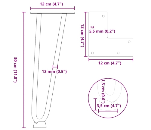 Patas de mesa tipo horquilla 4 uds acero macizo negro 30 cm