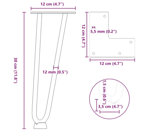 Patas mesa tipo horquilla 4 uds acero macizo acero natural 30cm