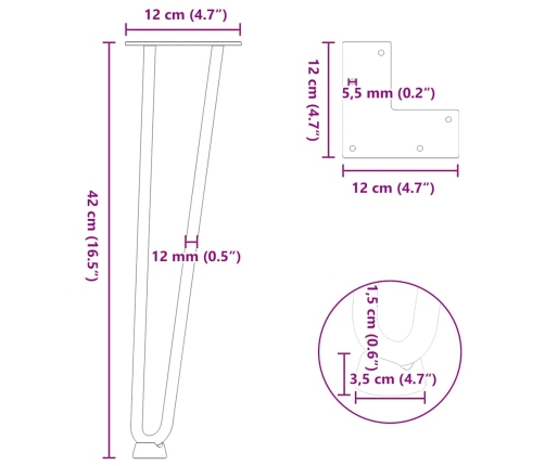 Patas de mesa tipo horquilla 4 uds acero macizo negro 42 cm