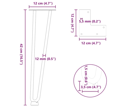 Patas de mesa tipo horquilla 4 uds acero macizo blanco 42 cm