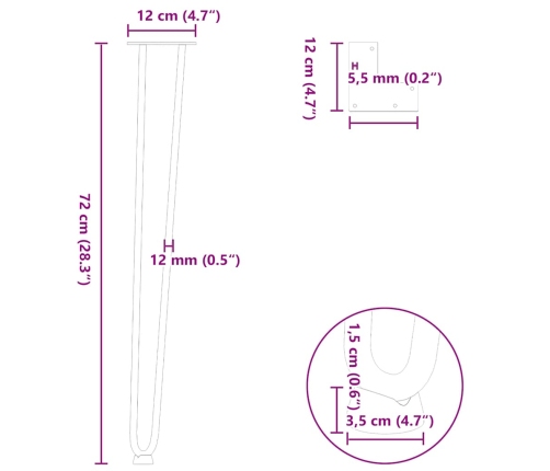 Patas mesa tipo horquilla 4 uds acero macizo acero natural 72cm