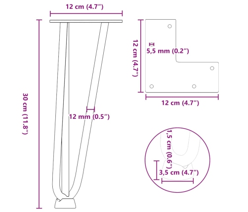 Patas de mesa tipo horquilla 4 uds acero macizo negro 30 cm