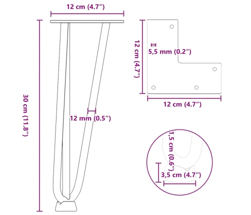 Patas mesa tipo horquilla 4 uds acero macizo acero natural 30cm