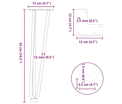 Patas de mesa tipo horquilla 4 uds acero macizo blanco 42 cm