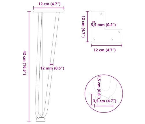 Patas mesa tipo horquilla 4 uds acero macizo acero natural 42cm