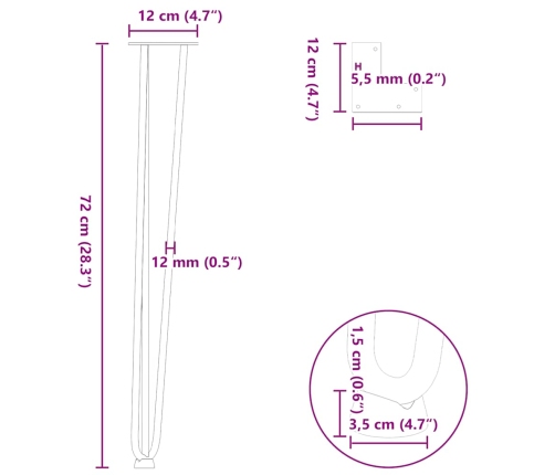 Patas de mesa tipo horquilla 4 uds acero macizo blanco 72 cm