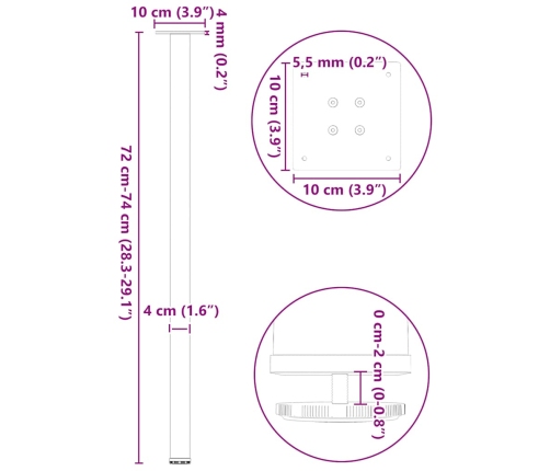 Patas para mesa de centro 4 uds acero blanco 72-74 cm