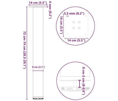 Patas para mesa de centro 4 uds acero negro 72-74 cm