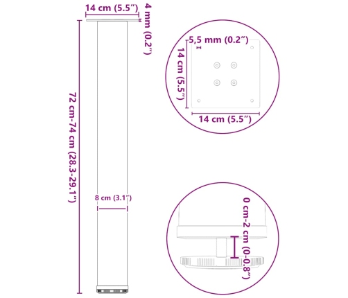 Patas para mesa de centro 4 uds acero blanco 72-74 cm