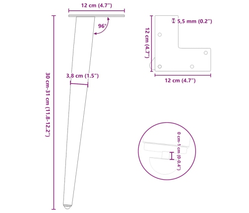 Patas para mesa de centro cónicas 4 uds acero blanco 30-31 cm