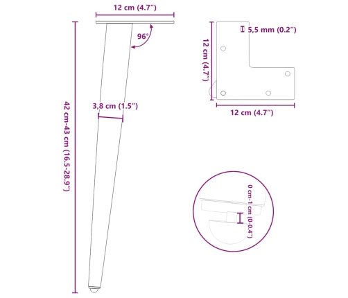 Patas para mesa de centro cónicas 4 uds acero negro 42-43 cm