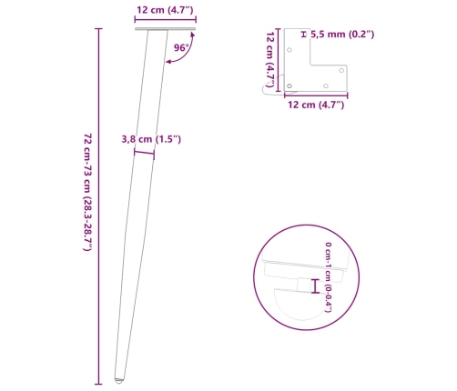 Patas para mesa de centro cónicas 4 uds acero blanco 72-73 cm
