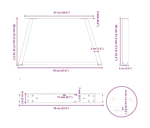 Patas para mesa de comedor forma V 2 uds blanco 70x(30-31,3) cm