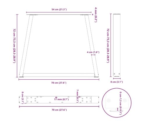 Patas para mesa de comedor forma V 2 uds blanco 70x(72-73,3) cm