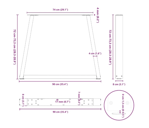 Patas para mesa comedor forma V 2uds antracita 90x(72-73,3) cm