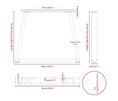 Patas para mesa comedor forma V 3uds antracita 90x(72-73,3) cm