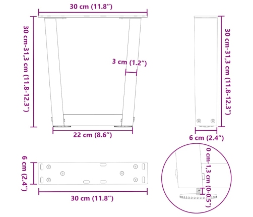 Patas para mesa de comedor forma V 2 uds negro 30x(30-31,3) cm