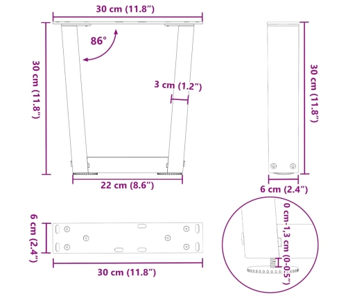 Patas para mesa de comedor forma V 2 uds blanco 30x(30-31,3) cm