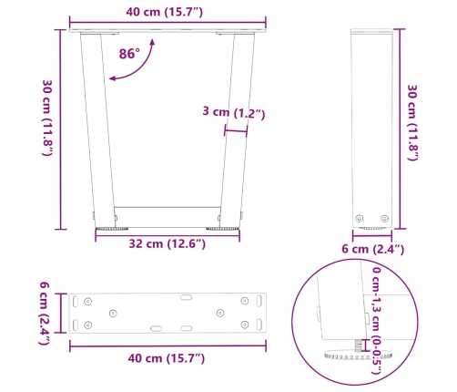 Patas para mesa de comedor forma V 2 uds negro 40x(30-31,3) cm