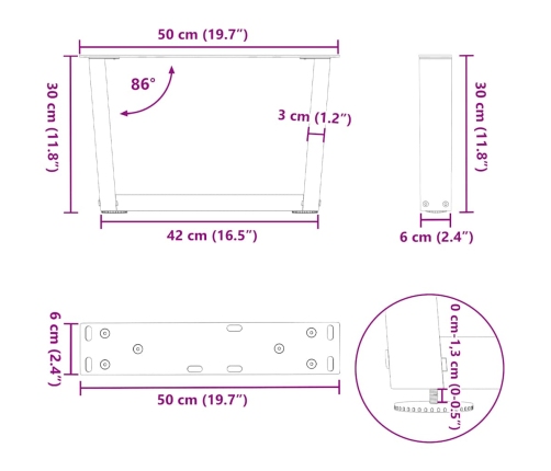 Patas para mesa de comedor forma V 2 uds negro 50x(30-31,3) cm