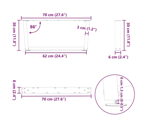 Patas para mesa de comedor forma V 2 uds negro 70x(30-31,3) cm