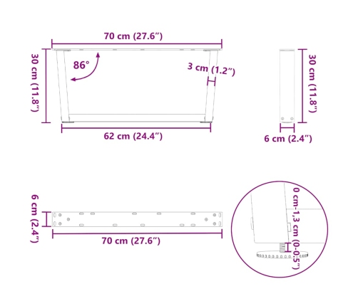 Patas para mesa de comedor forma V 2 uds blanco 70x(30-31,3) cm