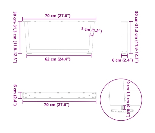 Patas para mesa comedor forma V 2 uds antracita 70x(30-31,3) cm