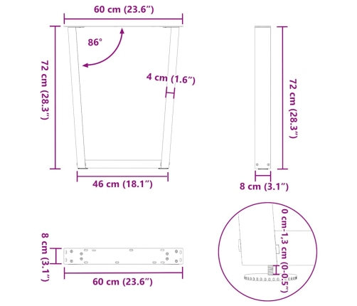 Patas para mesa de comedor forma V 2 uds negro 60x(72-73,3) cm