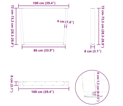 Patas mesa comedor forma V 3uds acero blanco 100x(72-73,3)cm