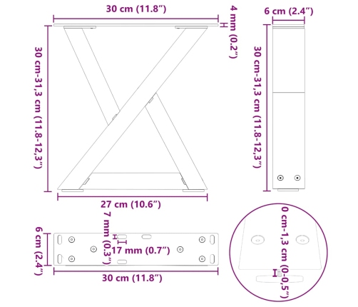 Patas para mesa de centro 2 unidades acero negro 30x(30-31,3)cm