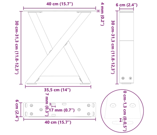 Patas para mesa centro 2 uds acero natural 40x(30-31,3)cm acero