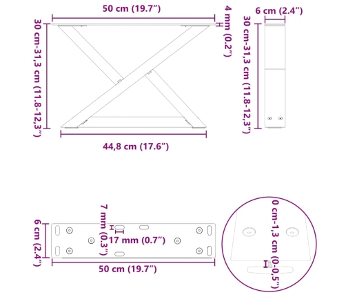 Patas de mesa centro 2 unidades acero antracita 50x(30-31,3) cm