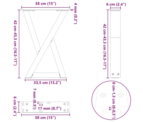 Patas para mesa de centro 2 uds natural acero 38x(42-43,3) cm