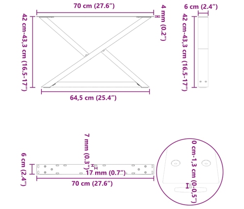 Patas mesa de centro 2 uds acero natural 70x(42-43,3) cm acero