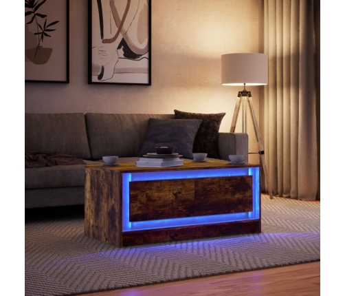 Mesa de centro con luces LED madera de ingeniería roble ahumado