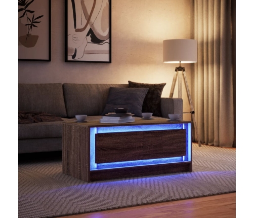 Mesa de centro con luces LED madera de ingeniería marrón roble